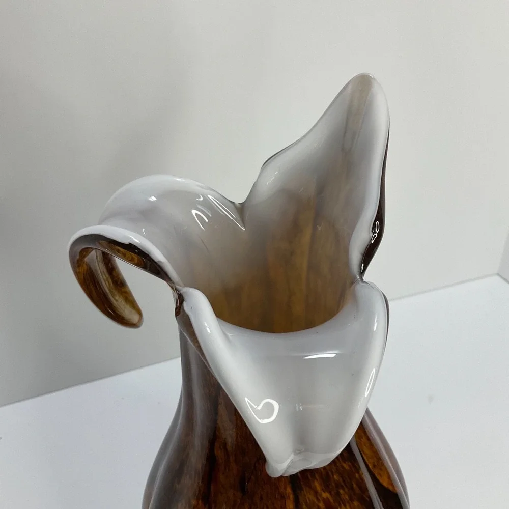 Handblown Vintage Tulip Vase Tiger‎ Eye Brown Fluted White Contrast Home Decor